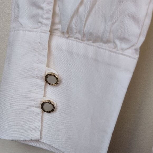 Spartina 449 Cream Elise Stretch Popover Blouse Top Ruffle Neck Size L - Picture 10 of 11